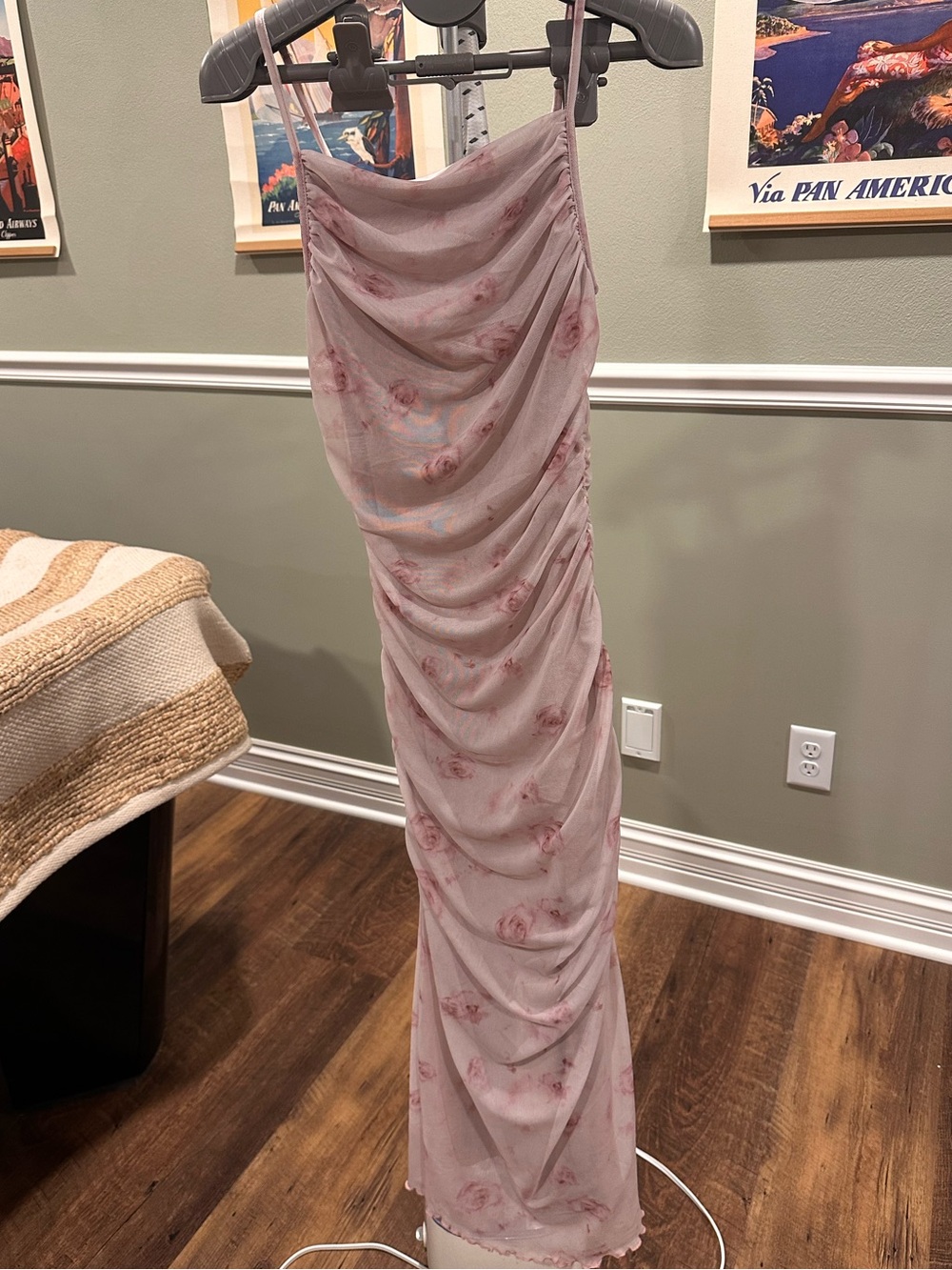 Sheer Pink Mesh Floral Ruched Maxi Skirt